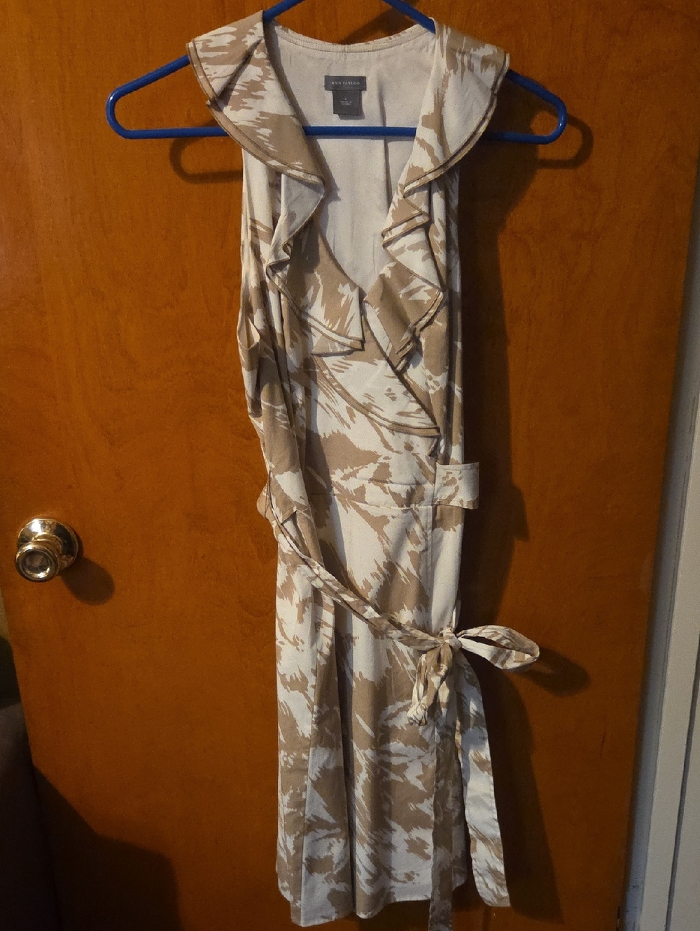 Anne Taylor Ruffled Wrap Dress in Cream and Tan